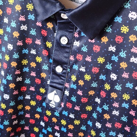 Pins & Aces Vintage Arcade Print Wicking Stretch Knit Golf Polo Small - Picture 6 of 7